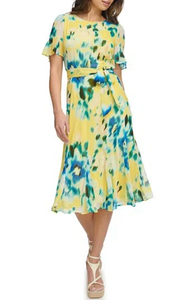 Dkny Floral Godet Sleeve Fit & Flare Dress In Lemon Zest