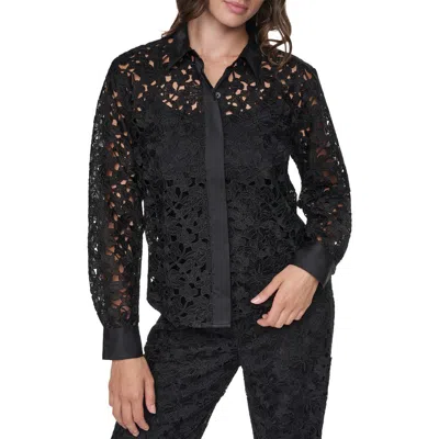 Dkny Floral Lace Button Down Shirt In Black