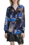 Dkny Floral Print Long Sleeve Chiffon Shirt In Blue