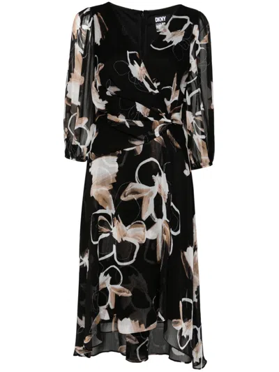 Dkny Floral-print Midi Dress In Black