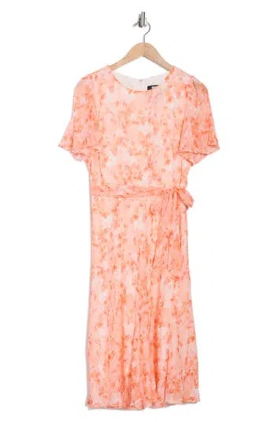 Dkny Floral Short Sleeve Godet Chiffon Midi Dress In Orange