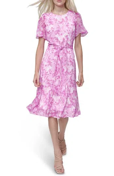 Dkny Floral Short Sleeve Godet Chiffon Midi Dress In Powder Pink