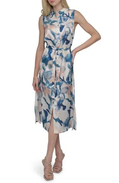 Dkny Floral Sleeveless Shirtdress In Spring Navy