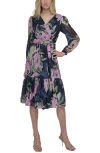 Dkny Floral V-neck Long Sleeve Midi Fit & Flare Dress In Navy/pink