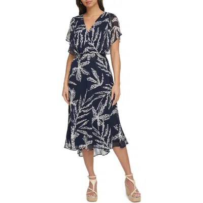Dkny Flutter Sleeve Chiffon Midi Dress In Blue