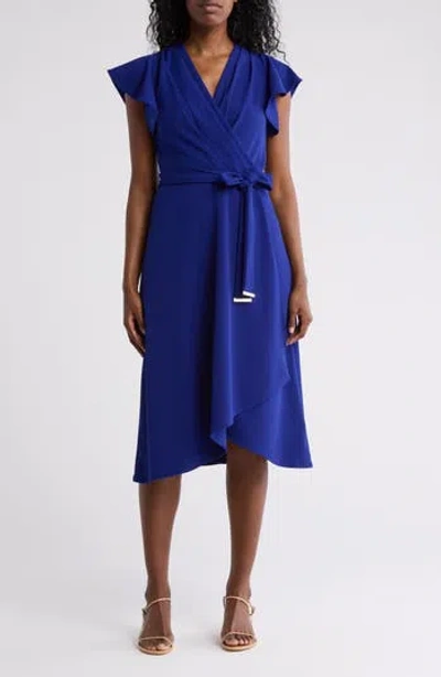 Dkny Flutter Sleeve Faux Wrap Midi Dress In Marine