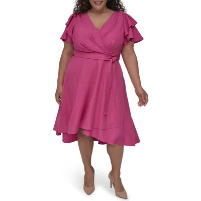 Dkny Flutter Sleeve Faux Wrap Midi Dress In Pink