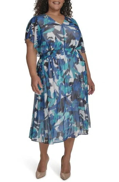 Dkny Flutter Sleeve Fit & Flare Midi Dress In Blue