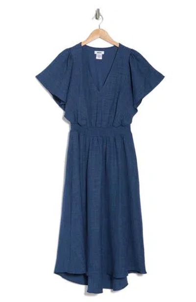 Dkny Flutter Sleeve Smocked Waist Fit & Flare Dress In Denim