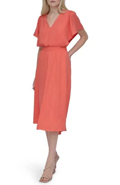 Dkny Flutter Sleeve Smocked Waist Fit & Flare Dress In Orange