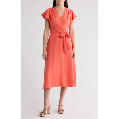 Dkny Flutter Sleeve Tie Waist Midi Dress In Orange Rose