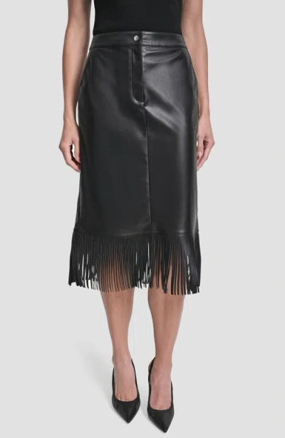 Dkny Fringe Faux Leather Midi Skirt In Black