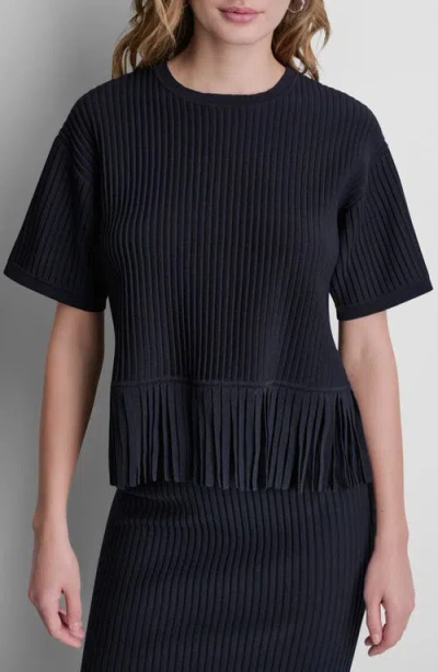 Dkny Fringe Short Sleeve Sweater In Blue