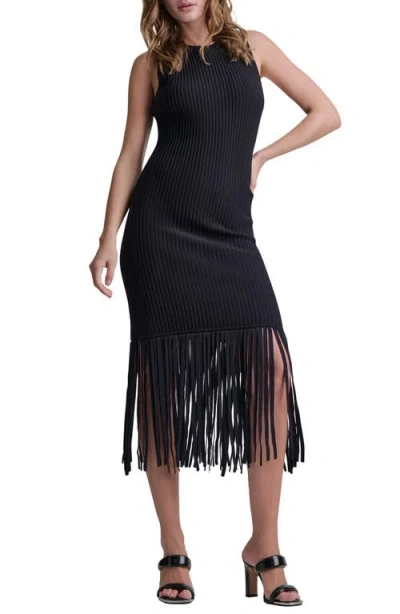 Dkny Fringe Sleeveless Sweater Dress In Black
