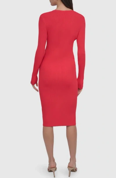 Dkny Front Zip Long Sleeve Rib Midi Dress In Watermelon