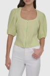 Dkny Front Zip Puff Sleeve Crop Linen Blend Top In Tea Green