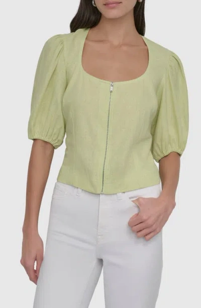 Dkny Front Zip Puff Sleeve Crop Linen Blend Top In Tea Green