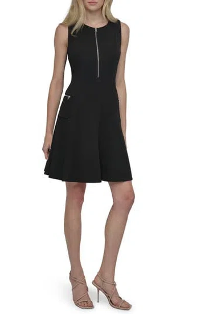 Dkny Front Zip Sleeveless Fit & Flare Dress In Black