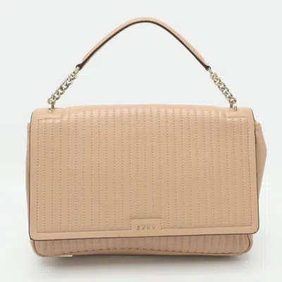 Pre-owned Dkny Gansevoort Large Beige Pinstripe Quilted Leather Top Handle Bag In Sand