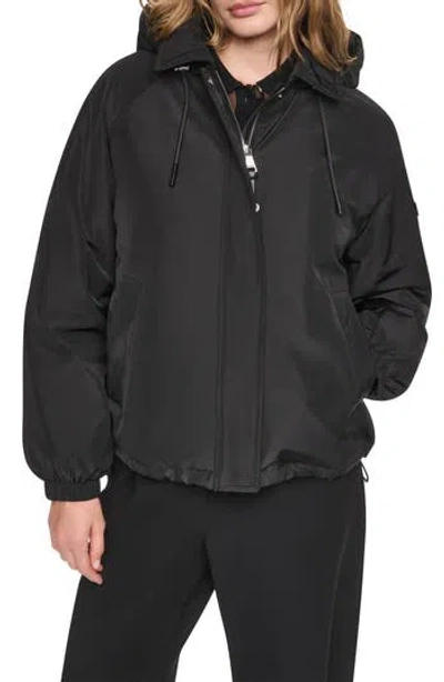 Dkny Gingham Hooded Short Padded Jacket In Black