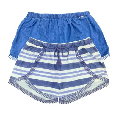 Dkny Girls Shorts Pack Of 2 With Waistband Drawstring Beautiful Crochet Lace In Chambray/moss In Multi