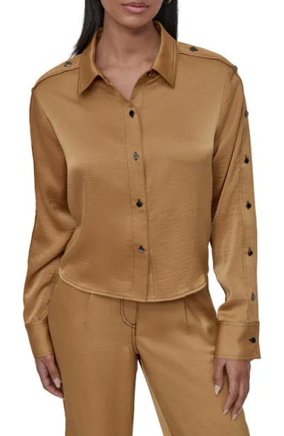 Dkny Glazed Crinkle Satin Button-up Shirt In Brown