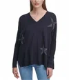 Dkny Glitter Star Print V-neck Pullover Sweater In Navy In Blue