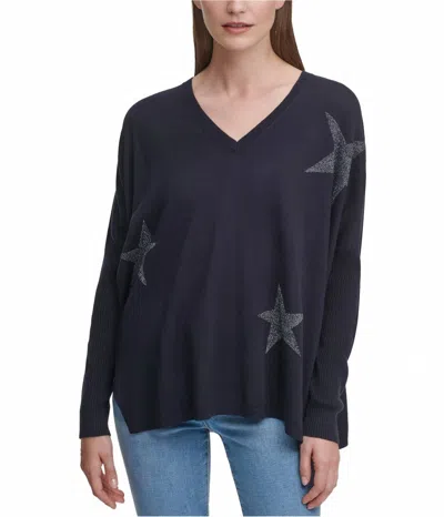 Dkny Glitter Star Print V-neck Pullover Sweater In Navy In Blue