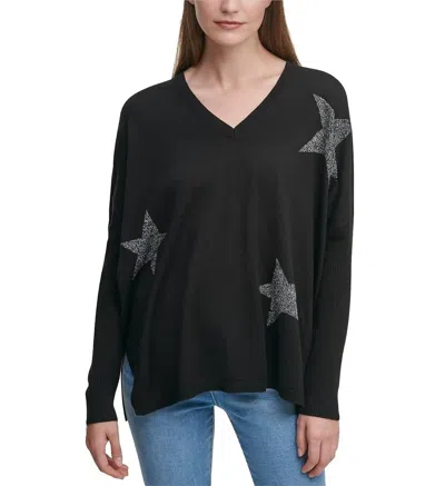 Dkny Glitter Star Print V-neck Sweater In Black
