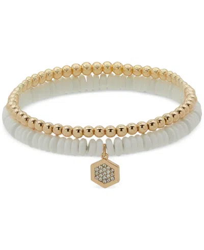 Dkny Gold-tone 2-pc. Set Pave Hexagon Charm Beaded Stretch Bracelets