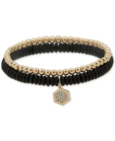 Dkny Gold-tone 2-pc. Set Pave Hexagon Charm Beaded Stretch Bracelets