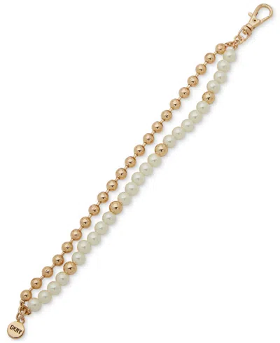Dkny Gold-tone Bead & Imitation Pearl Double-row Flex Bracelet In White