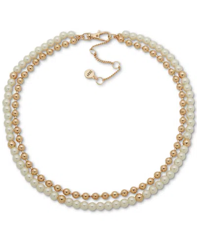 Dkny Gold-tone Bead & Imitation Pearl Layered Collar Necklace, 16" + 3" Extender In White