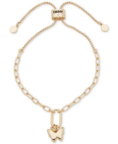 Dkny Gold-tone Butterfly Chain Slider Bracelet In Crystal Wh