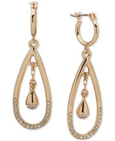 Dkny Gold-tone Half-pave Orbital Drop Hoop Earrings In Crystal