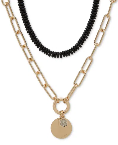 Dkny Gold-tone Jet Bead Two-row Pendant Necklace, 16" + 3" Extender