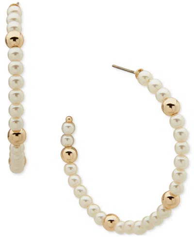 Dkny Gold-tone Medium Bead & Imitation Pearl C-hoop Earrings, 1.57" In White