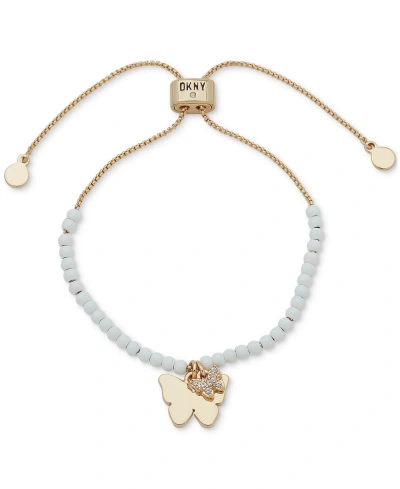Dkny Gold-tone Pave Butterfly Beaded Slider Bracelet In White