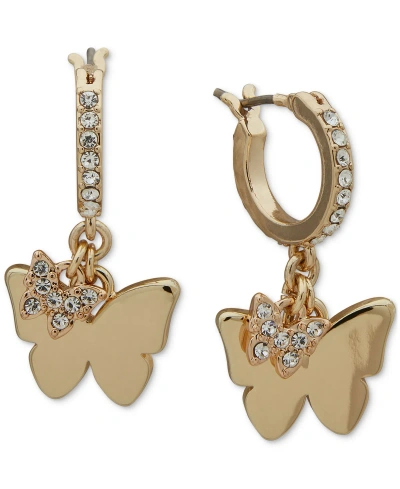 Dkny Gold-tone Pave Butterfly Charm Hoop Earrings In Crystal Wh