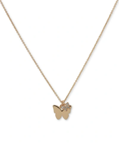 Dkny Gold-tone Pave Butterfly Pendant Necklace, 16" + 3" Extender In Crystal Wh