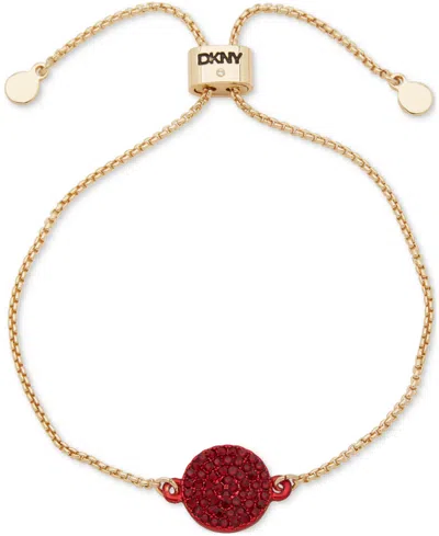 Dkny Gold-tone Pave Disc Charm Link Slider Bracelet In Red