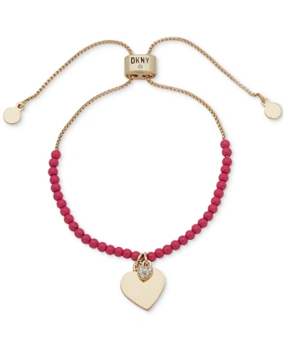 Dkny Gold-tone Pave Heart Charm Beaded Slider Bracelet In Pink