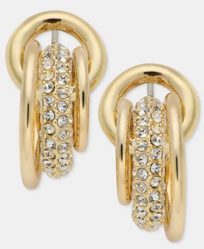 Dkny Gold-tone Crystal Pave Shaky Ring Doorknocker Earrings In White