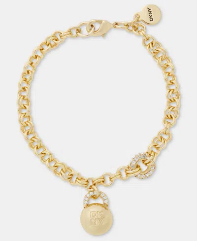 Dkny Gold-tone Drama Crystal Logo Charm Flex Bracelet In White