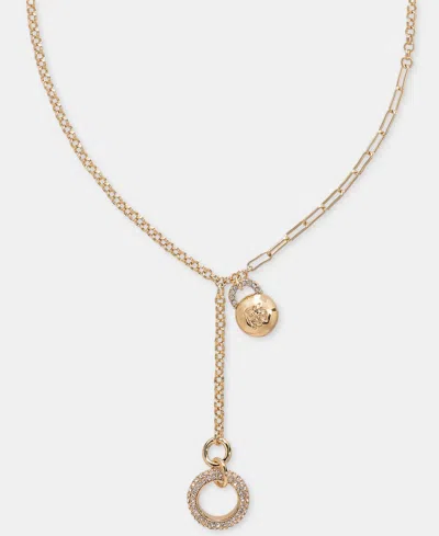 Dkny Gold-tone Drama Crystal Logo Charm Y Necklace In White