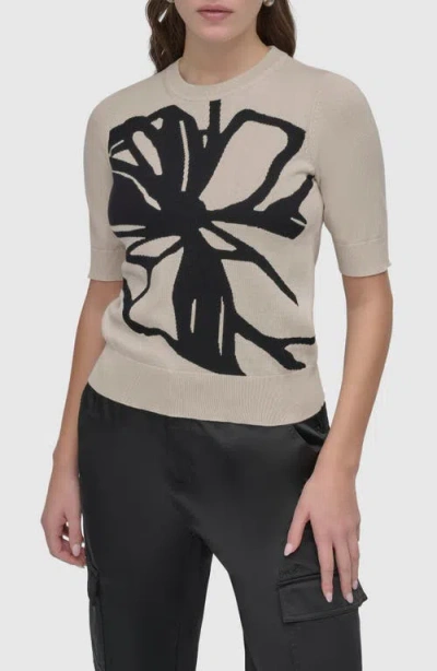 Dkny Graffiti Floral Jacquard Short Sleeve Sweater In Light Khaki