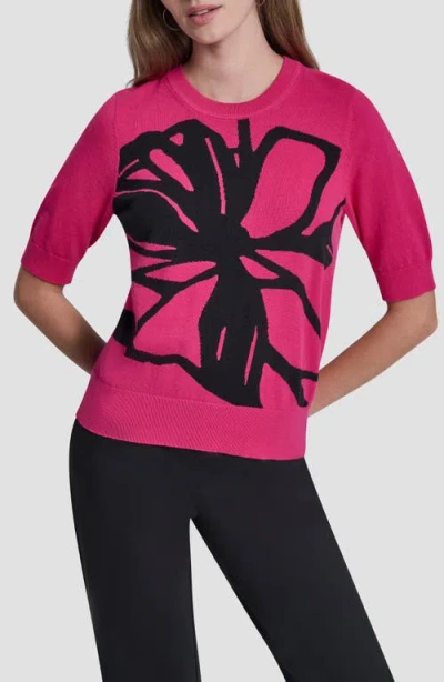 Dkny Graffiti Floral Jacquard Short Sleeve Sweater In Pink