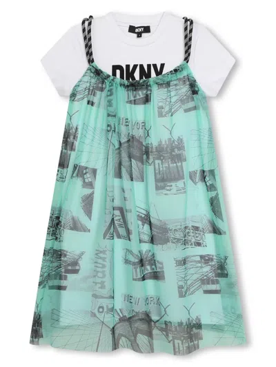 Dkny Kids' Graphic-print Layered A-line Dress In Green