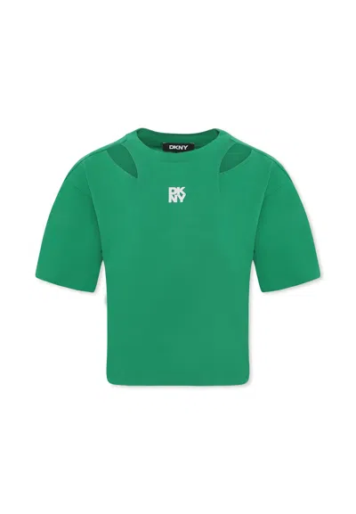 Dkny Kids' Green Crop T-shirt For Girl With Logo