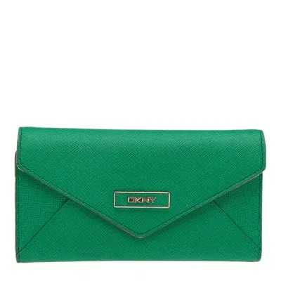 Dkny Green/pink Leather Long Trifold Wallet